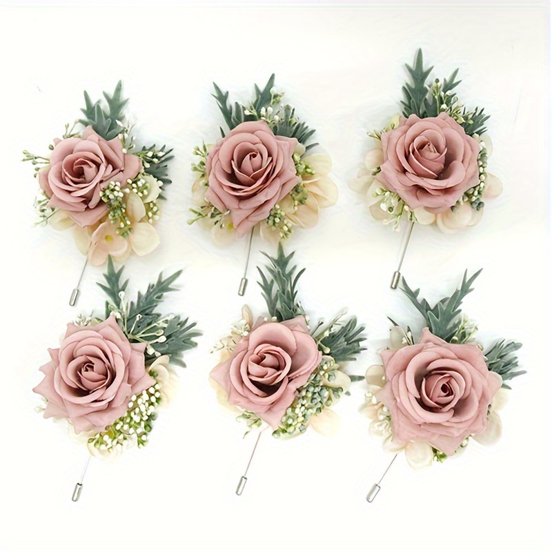 

6pcs Fabric Rose Artificial Corsages Set For Wedding And Engagement - Elegant Handcrafted For Guests And Celebrations