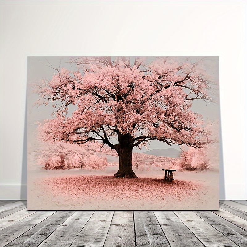 

1pc Wooden Framed Canvas Painting, Pink Landscape Tree And Leaves Painting For Living Room, Wall Art Prints With Frame, Home Decoration, Festival Gift, 11.8inch*15.7inch(30cm*40cm)