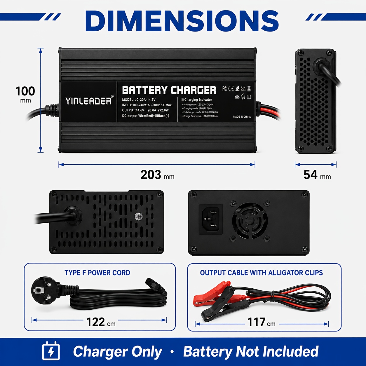 Image of Yinleader 20a Lifepo4 Battery Charger, 14.6v Automatic For 12v Lifepo4 Lithium Batteries, With Alligator Clips & Type F/ Plug, For 40ah-400ah Deep Cycle Batteries