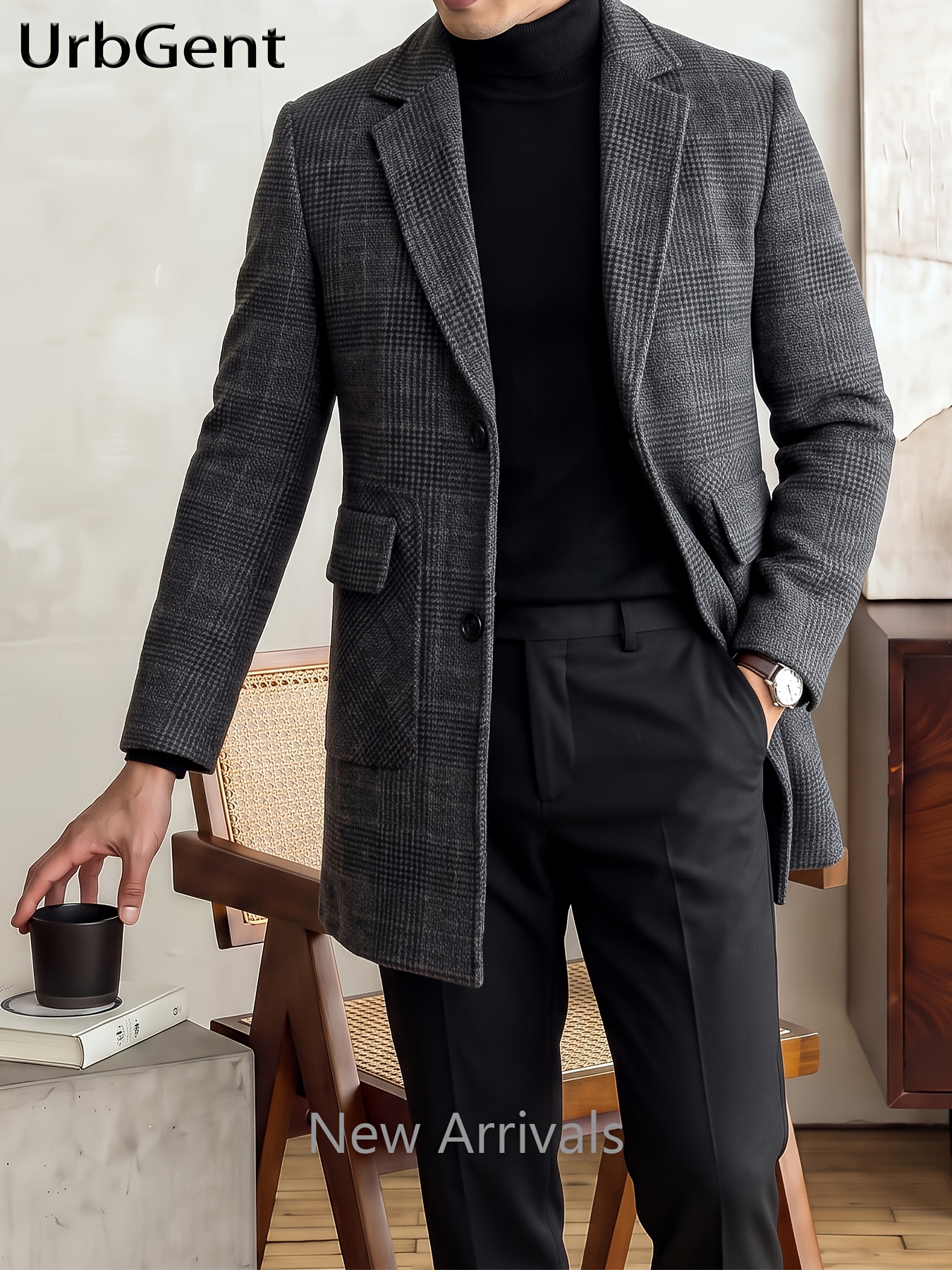 100% Wool Autumn/Winter Men's Checked Tweed Overcoat with Lining, New Style Suit Lapel Single-Breasted Design with Large Flap Pockets, Mid-Length, Thick and Warm, Structured and Stylish, Versatile for Business Casual, Suitable for Commuting