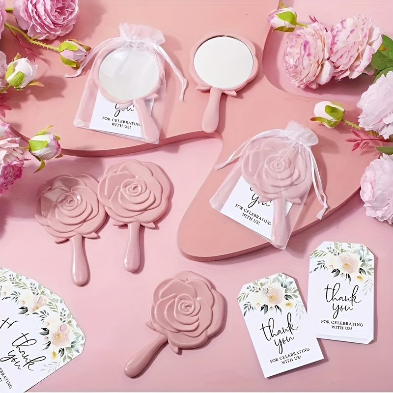 

30pcs/10 Sets Of Banquet Souvenirs Bridal Shower Favors Rose Design Mirrors Plastic Compact Mirrors Bridal Thank You Cards With Organza Bags Party Gifts