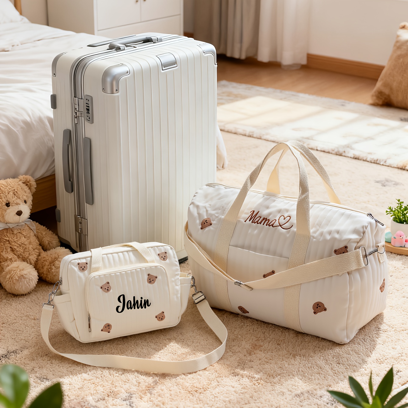 TEMU Ensemble Sac à Couches Personnalisé avec Nom Brodé pour | Rangement Multi-Poches, Bandoulière Réglable, Polyester Durable | Fermeture Éclair