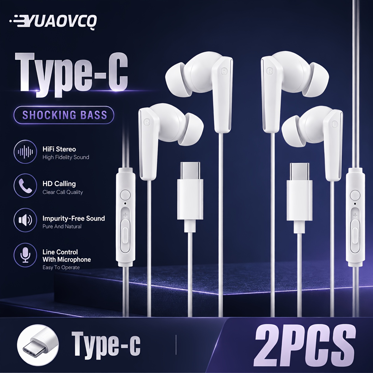 TEMU Yuaovcq 2pcs Type-c Wired In-ear Headset, Built-in Dac Chip, Stereo Music Gaming Headphone, For Galaxy S24 S23 A54 A53 Ultra, For Iphone 15-17,