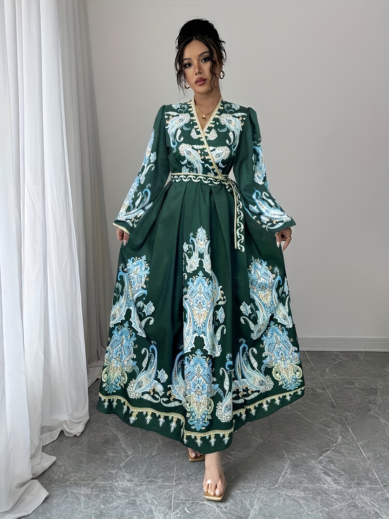elegant vintage style long dress women v neck lantern - Temu Oman