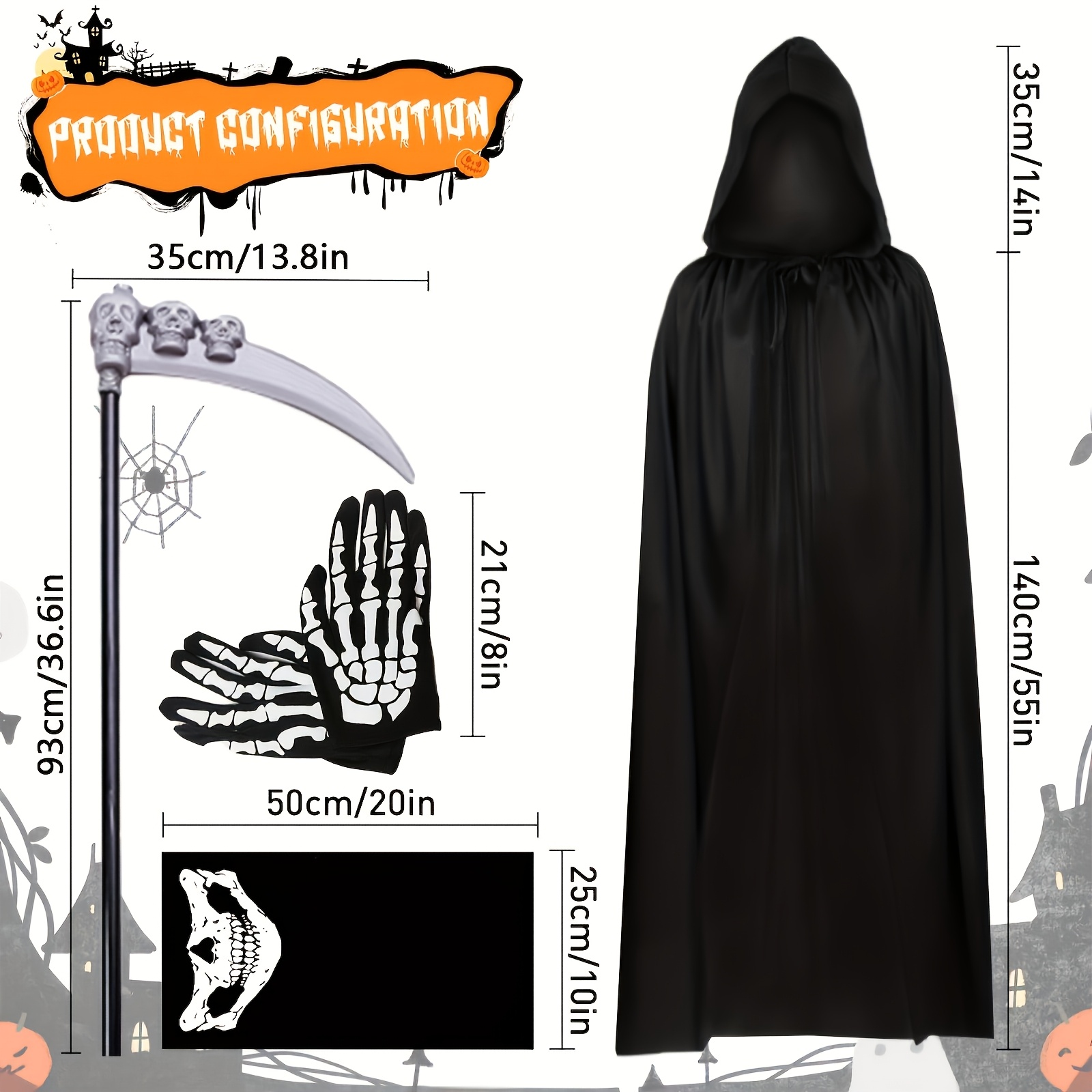 Costume Faucheuse Adulte 4 Pièces - Cape Noire 140 Cm + Masque Crâne + Faux + Gants - Pour Halloween, Fêtes Horreur - Effet Terrifiant Garanti
