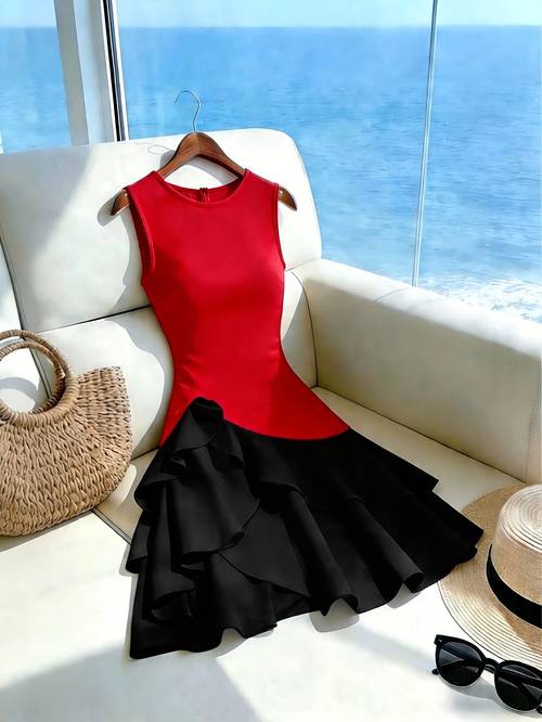 elegantes damen color-block rundhals rüschenkleid mit mini-armlösung, lässiges rüschenkleid für date-partys, zielgruppe