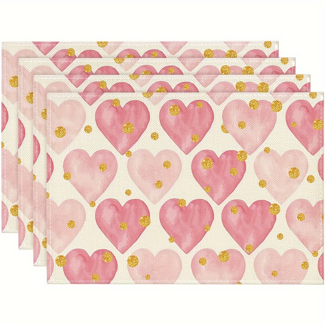 

Valentine's Day Placemats Set Of 4 - 12x18 Inch Linen Table Mats With Golden Polka Dot , Machine Washable, Rectangle, For Romantic Dining & Party Decorations