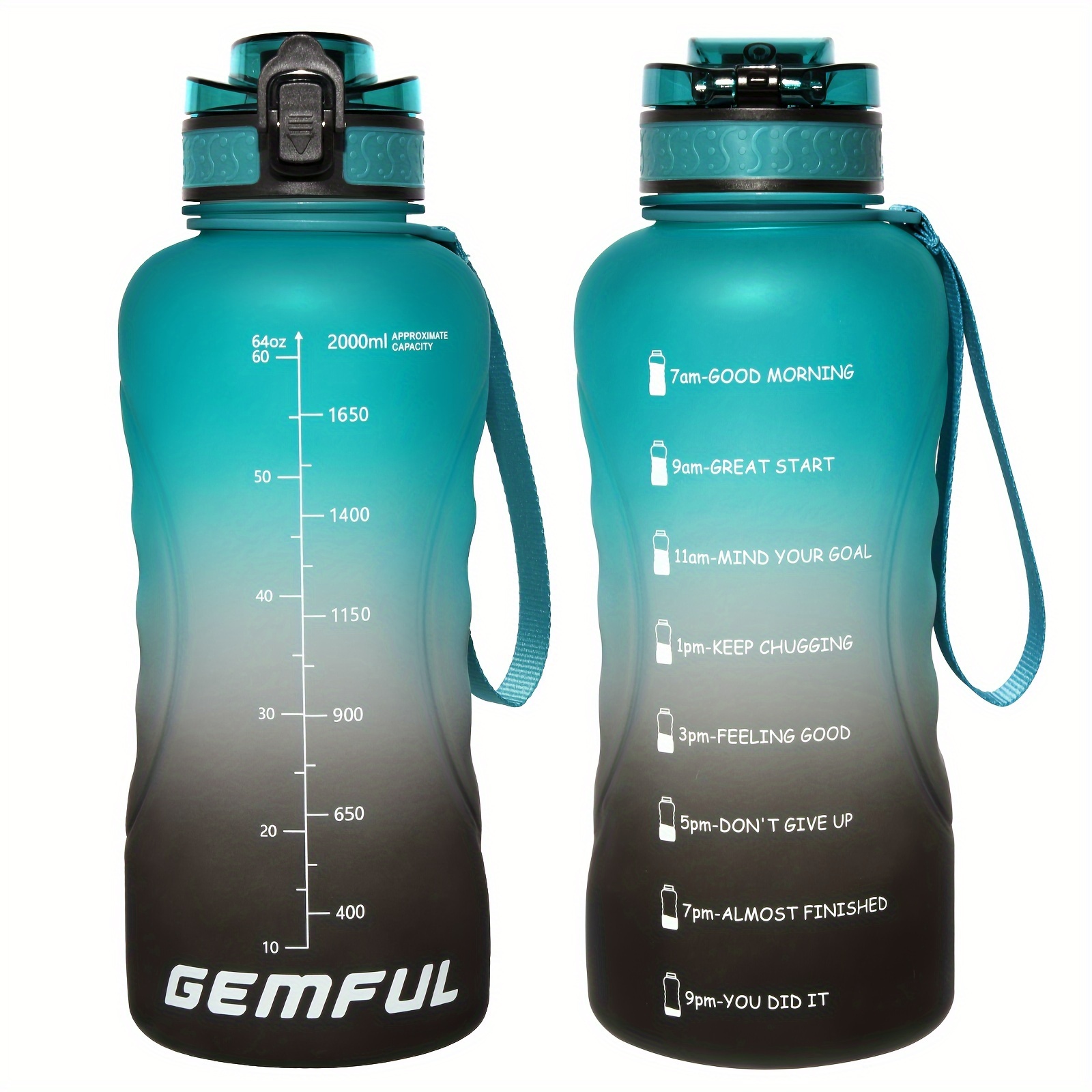 

1pc 64 Oz Gradient Leakproof Water Bottle, 2l Large Capacity, With Motivational Time Marker, Easy Grip And Carry Design, For Gym, Hiking, Outdoor Sports