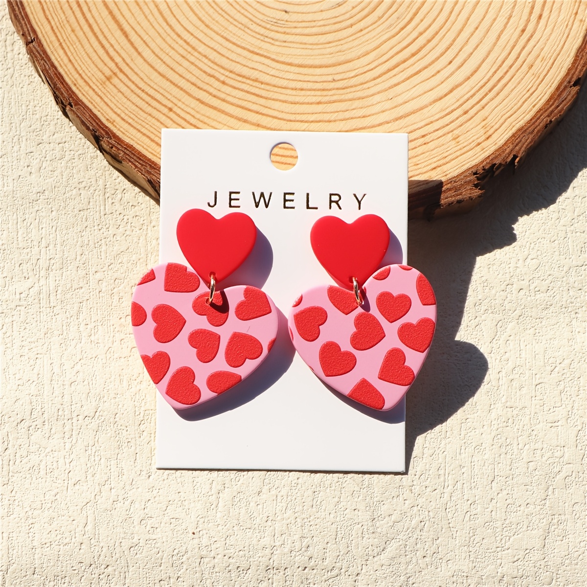 E-shop 1 Paar Damen Valentinstag Ohrringe – Rot mit großem Herzprint, hellrosa mit großer Herz-Tonerde-Textur, , romantisch, süß, Acryl
