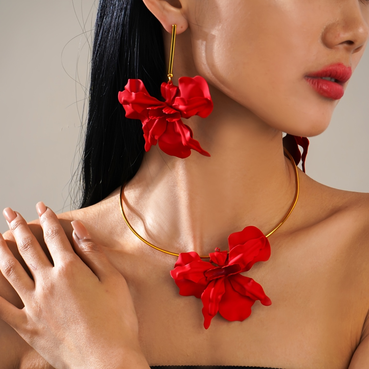 Boho Red Flower Earrings & Necklace