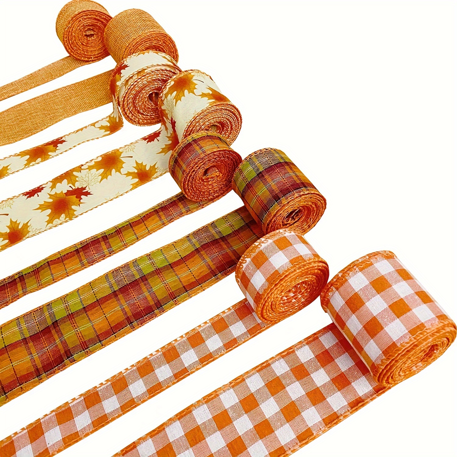 

Autumn-themed Wired Edge Ribbon Set – 40 Yards Total In 8 Rolls, Burlap Craft Ribbons For Thanksgiving, Farmhouse Wreaths & Bows, Check & Fall Leaves Design, Mixed Colors