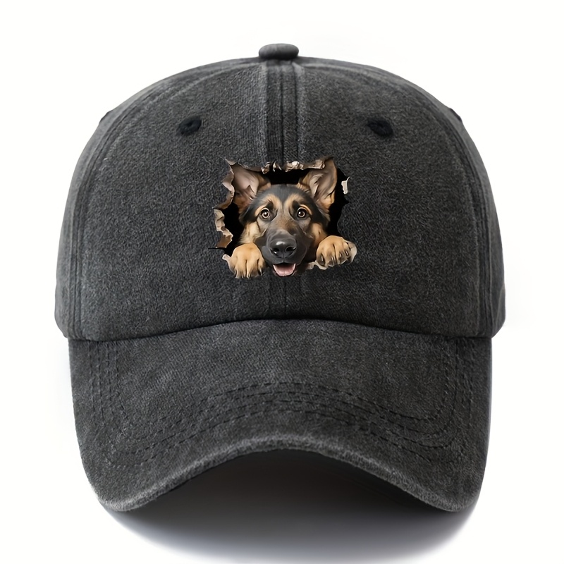 TEMU Adjustable Vintage Washed Baseball , German Shepherd Print, Casual Hip-hop Party Hat