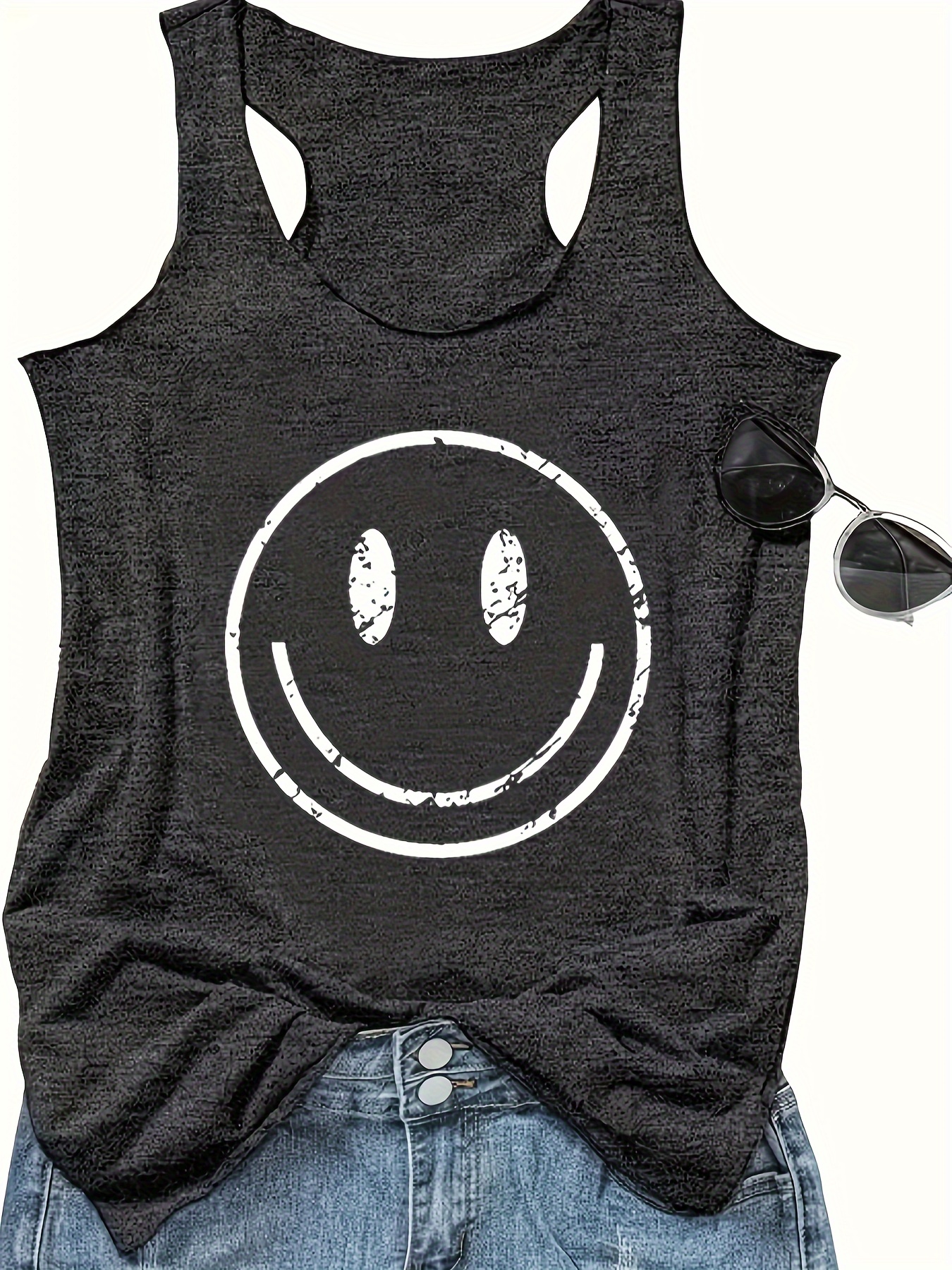 Smile Print Crew Neck Tank Top, Casual Sleeveless Tank Top For Summer, Women's Clothing