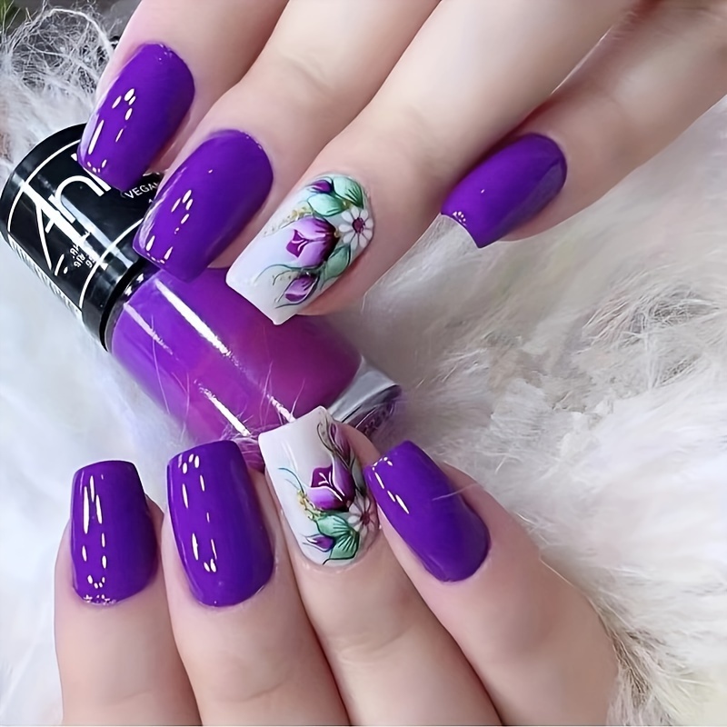

24pcs Purple Press On Nails Set, Length, , , Reusable & Removable Fake Kit