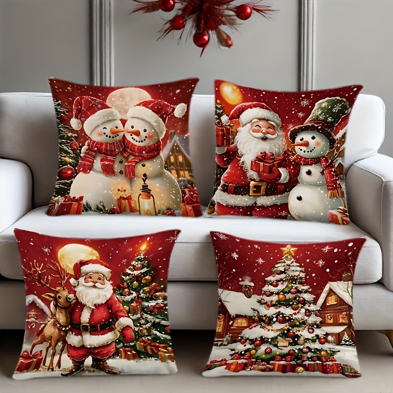 TEMU 4pcs Throw Pillow Covers Suitable For Sofa Bed Chair Decor - Santa Snowman Patterns, Double-sided Zipper Cushion Cases With Zipper Closure,