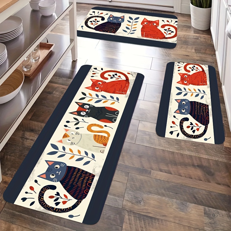 TEMU Cat Print Decorative Doormats Set For Kitchen, Living Room, And Bathroom - Hand Washable Polyester Non-slip Mats, Waterproof And Anti-slip Rug Set