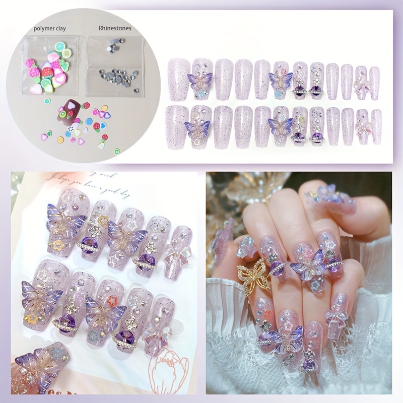 TEMU 24pcs Press On Nails Medium Ballet 3d Three-dimensional Aurora Planet Removable Fake Nail Patches Come With A Pack Of Pottery Pieces And A Pack Of Resin Diamond 3d Artificial Gemstones