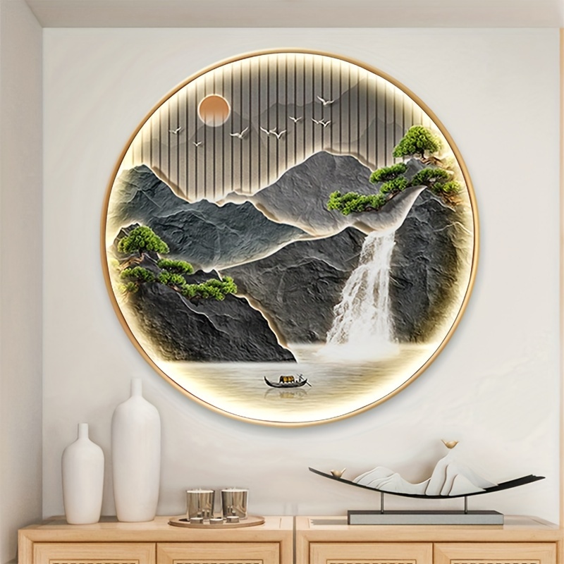 

Chinese-style Round 5d Diamond Art Painting, Flowing Water And Wealth Entrance Decoration Painting, Welcoming Pine Tree Lamp Painting, Atmospheric Landscape Painting, Living Room Hanging Painting.