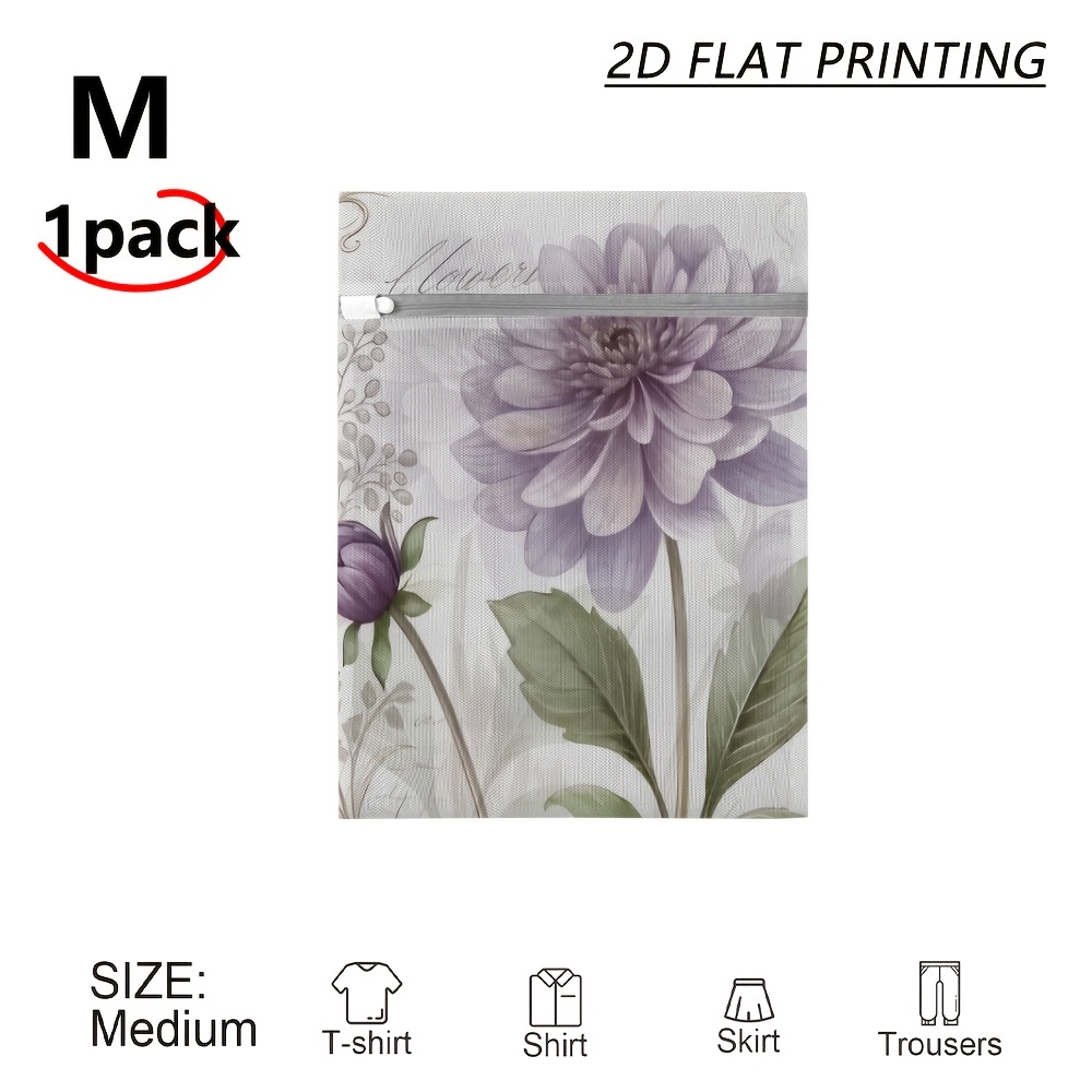 TEMU 1pc Mesh Laundry Bag, Reusable Zipper Installed With Hand Drawn Pale Purple Dahlia Print, For Fine And Daily Garments , Laundry Bags