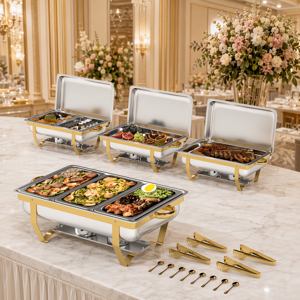 Image of Chafing Dishes For Buffet, 8 Qt Chafing Dish Buffet Set, Rolled- Food Warmers For Parties, Buffet, Wedding, Birthday, Camping 4pcs 7 Pans (half Golden), Cooking!, Cooking