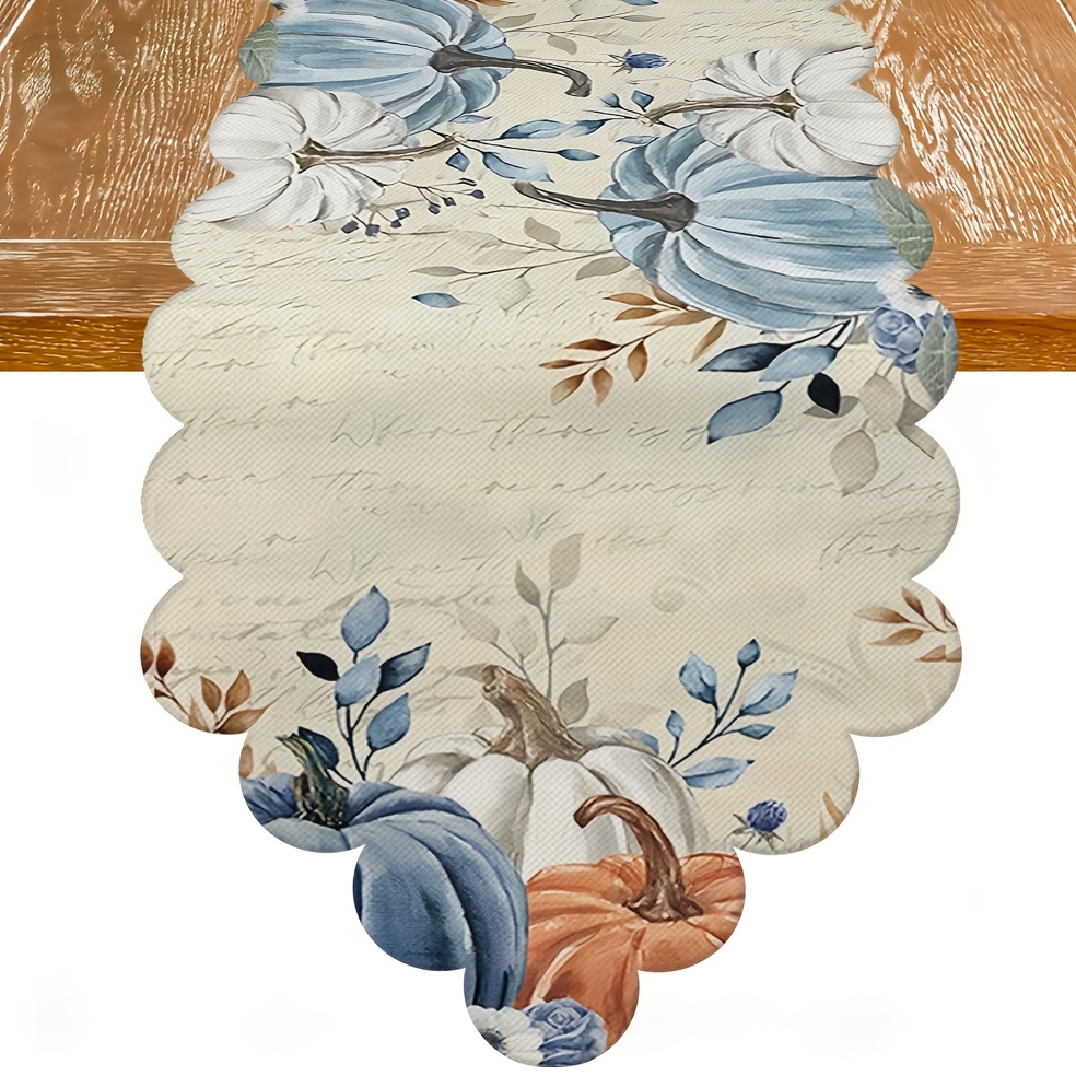 TEMU 1pc 1pcs Table Runner Suitable For Farmhouse, Autumn Thanksgiving Decor - Cream Vintage Watercolor Blue Pumpkin Leaf Scallop Print, Neutral Fall