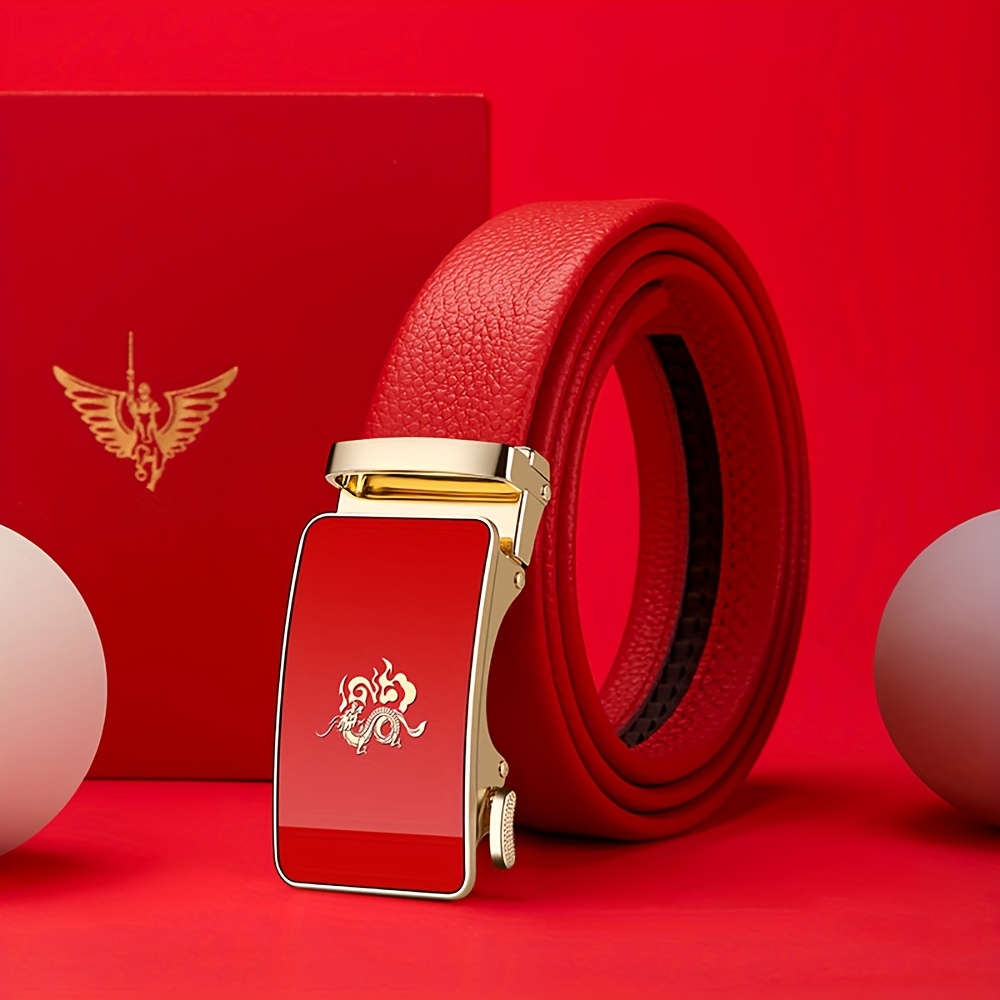 Dragon Pattern Leather Men's Belt w/Automatic Buckle for Casual/Formal Wear