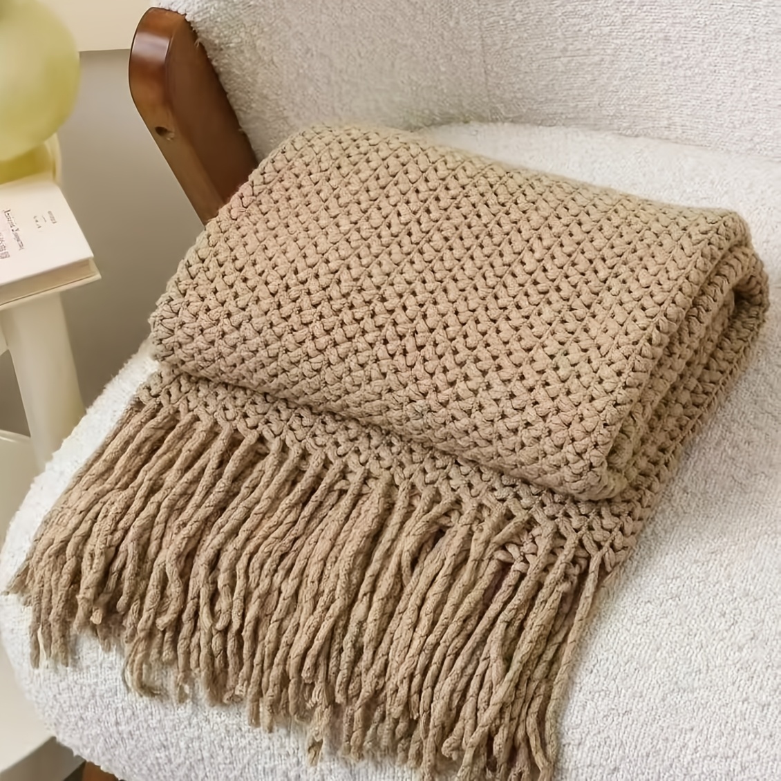 TEMU Couverture Douce avec Gland, Couverture Décorative Couleur Unie pour Canapé Lit, 4 Couleurs Disponibles