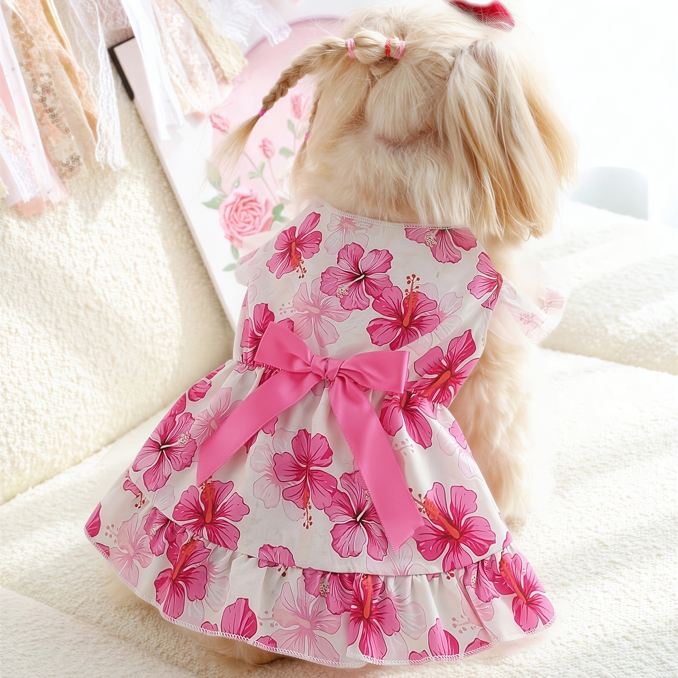 TEMU Hawaiian Hibiscus Skirt For Small To Medium Dogs, Double-layer Ruffle Skirt With Bow Decoration, Summer Outfit For Dogs