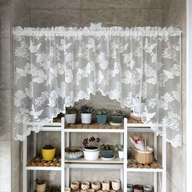 E-shop 1 Stück Elegante Französische Valance Gardine mit Spitze, Schmetterling & Blumenmuster – Halbtransparentes Panel mit Stangenaufhängung – Ideal