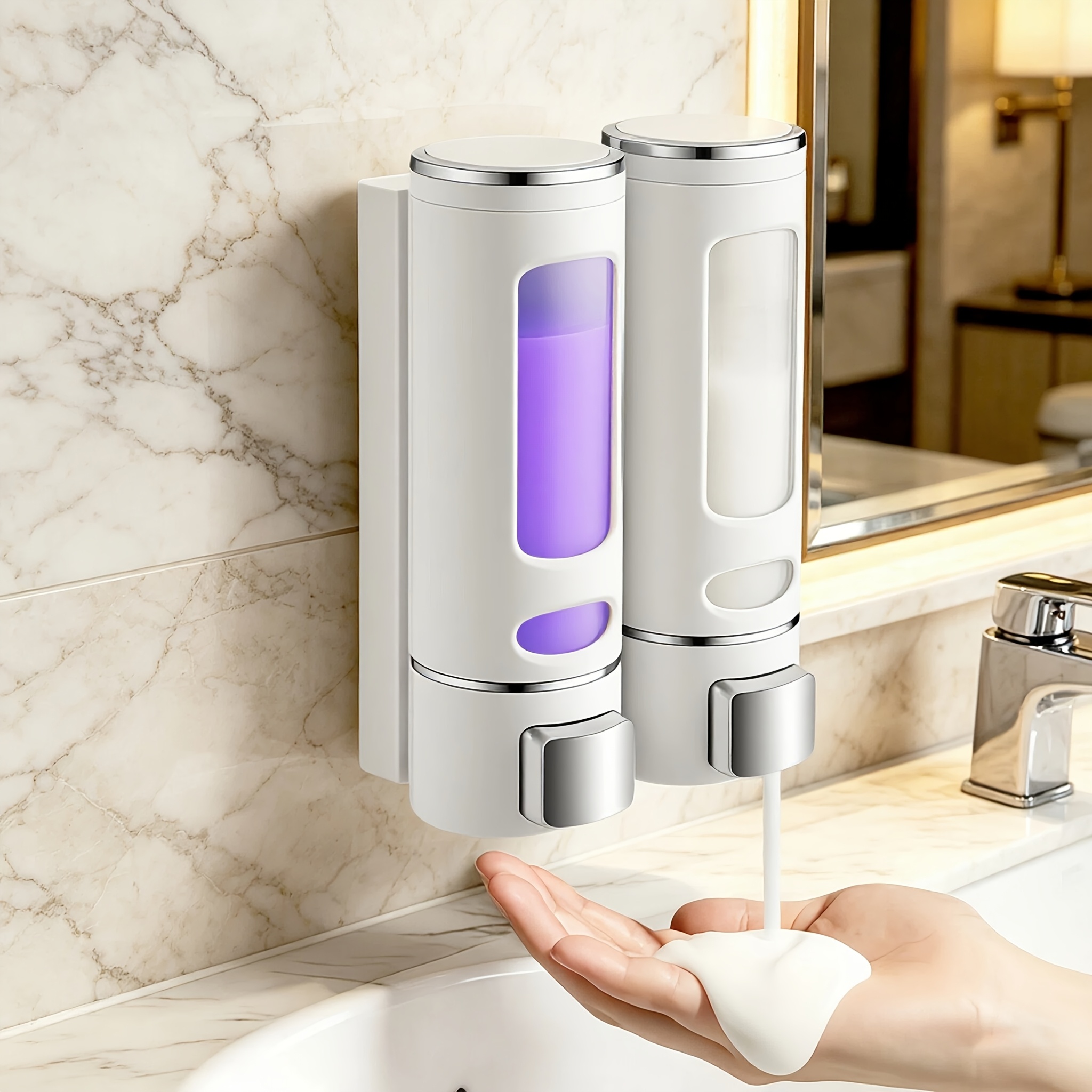 TEMU Dispensador de jabón de cámara para montaje en pared, dispensador recargable de champú y gel de ducha con ventana , soporte para jabón de baño