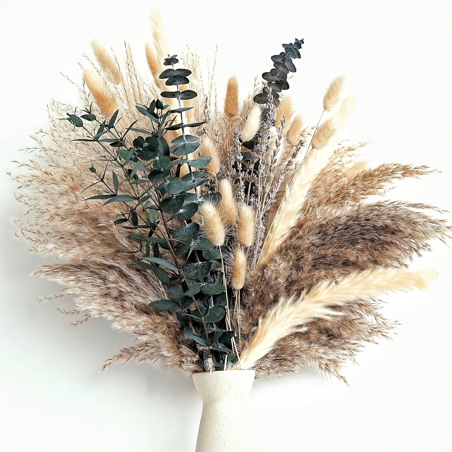 Image of 102pcs Of Boho Pampas Grass Decor, Dried Pompas, Bunny Tails Dried Flowers, And Dried Eucalyptus. Weddings, Boho Party Decorations, And Table Decor.