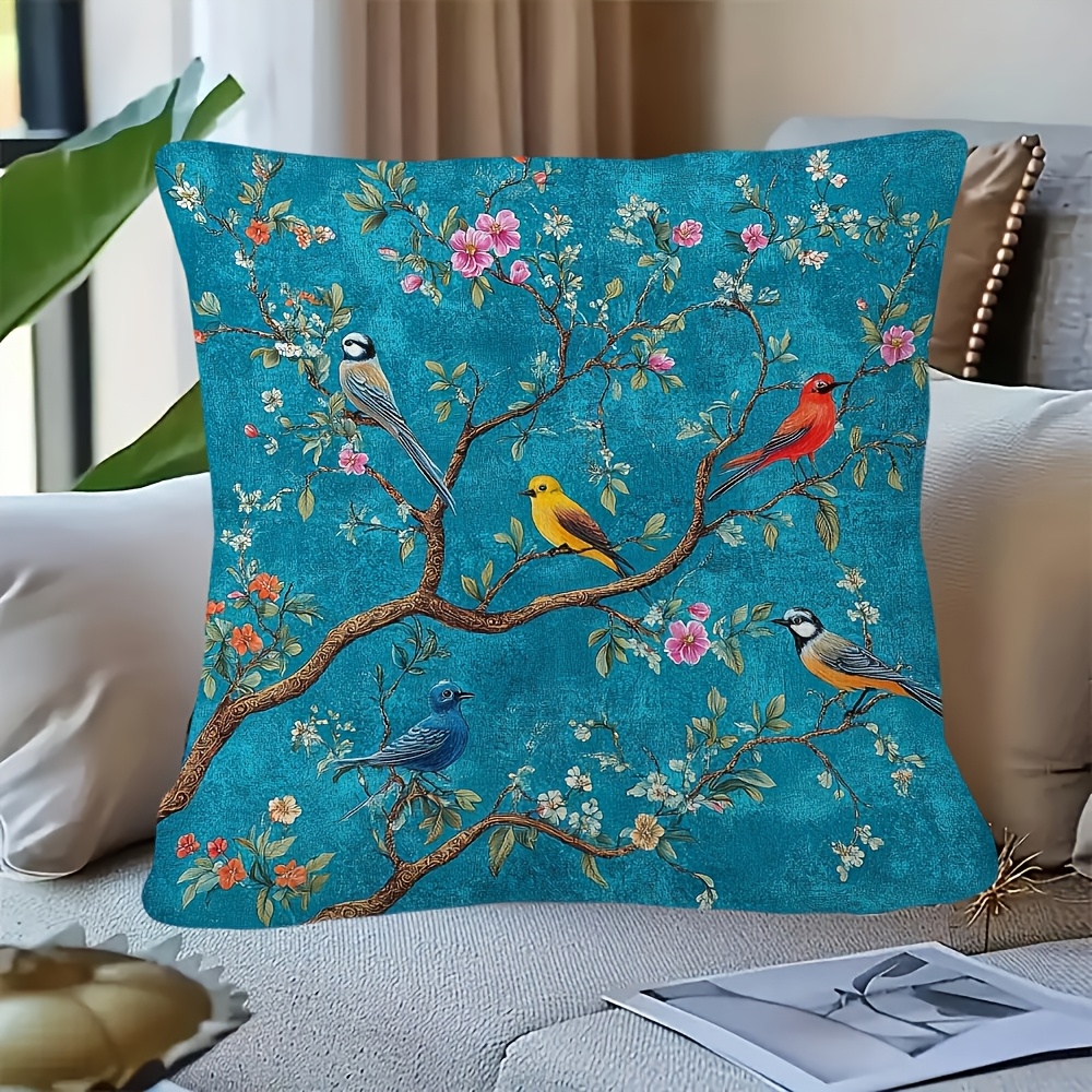 TEMU 1pc Double-sided Turquoise Blue Chinese Style Pillow Cover Featuring Birds And Floral Patterns, Suitable For Throw Pillows, Spring And Summer