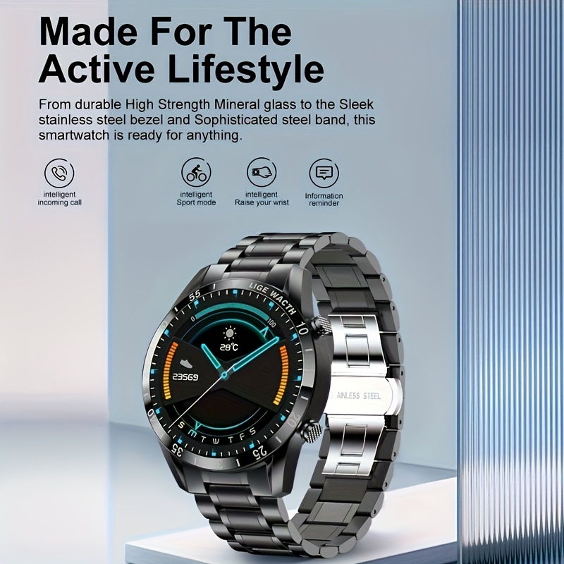 LIGE Men's Smart Watch, Stainless Steel Band, Business Style, Round Dial, Water-Resistant, with Date Function, Stopwatch, USB Charging, Electronic Movement, Zinc Alloy Case, for Sports & Fitness Tracker, LIGE