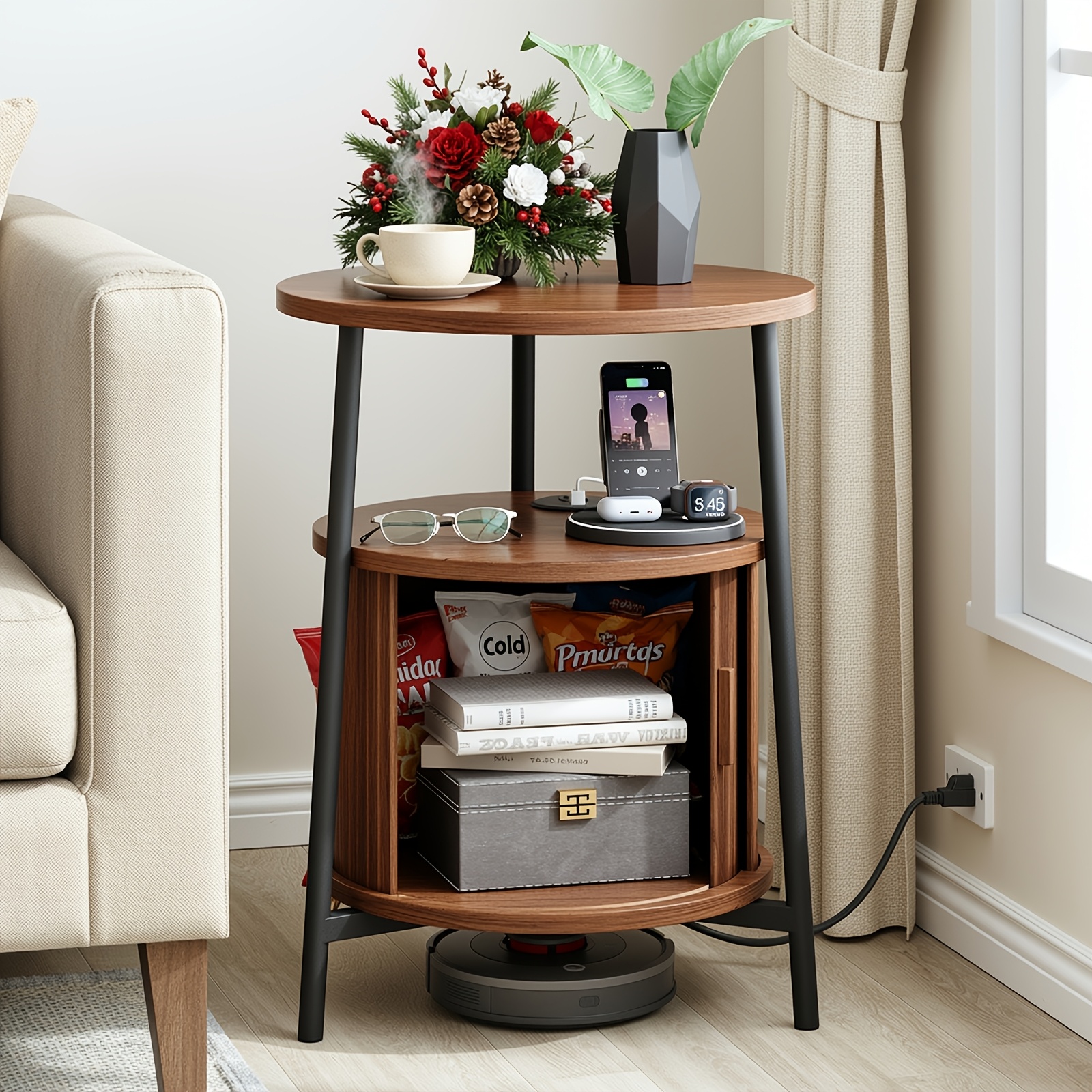 TEMU Table d'appoint ronde avec rangement, table de chevet cannelée avec station de charge, petites tables de chevet modernes du du siècle, tables