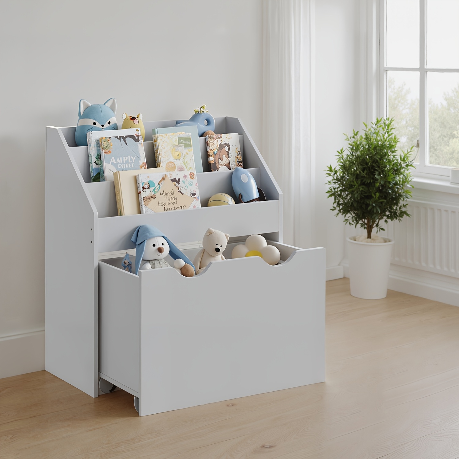 E-shop Bücherregal, Ablage, mit 3 Regalböden, Aufbewahrungsbox auf Rollen, multifunktional, für Arbeitszimmer, Wohnzimmer