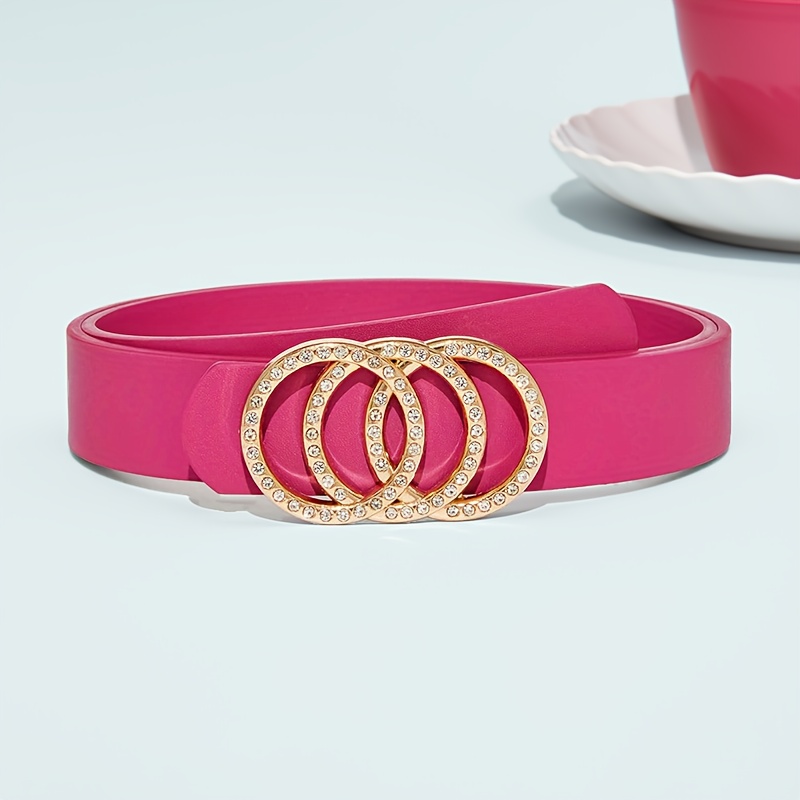Rose Red Belt with Rhinestone Buckle - Adjustable Waist