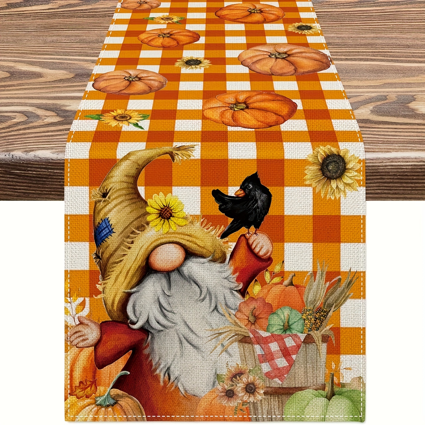 TEMU 1pc Fall Table Runner Autumn Gnome Pumpkin Sunflower Kitchen Dining Table Decor Rustic Farmhouse Orange Buffalo Plaids Table Cover For Harvest
