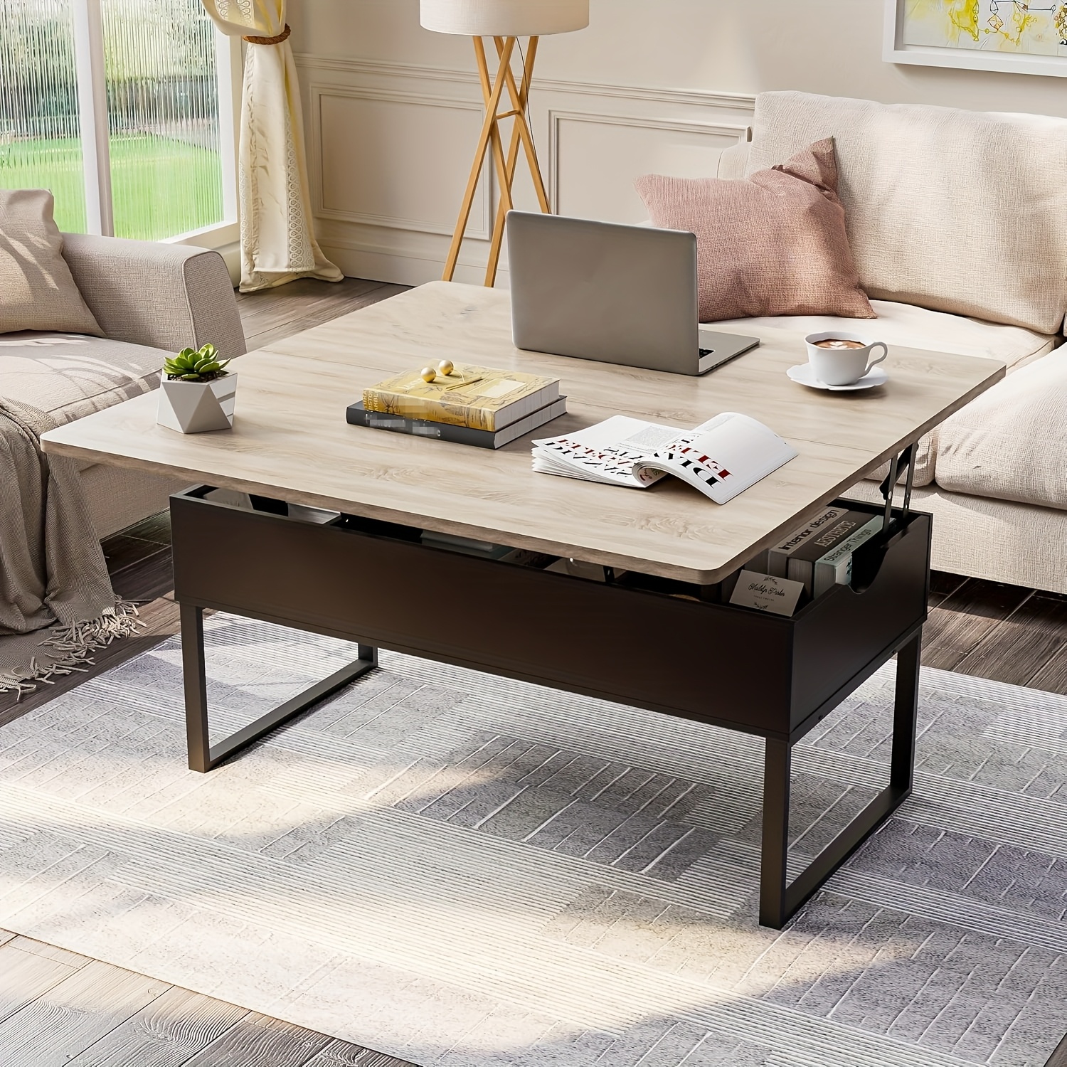 TEMU Mesa de Café Rectangular con Elevable de 39.37 Pulgadas, Estantes de Almacenamiento Ocultos y Abiertos, y Marrón
