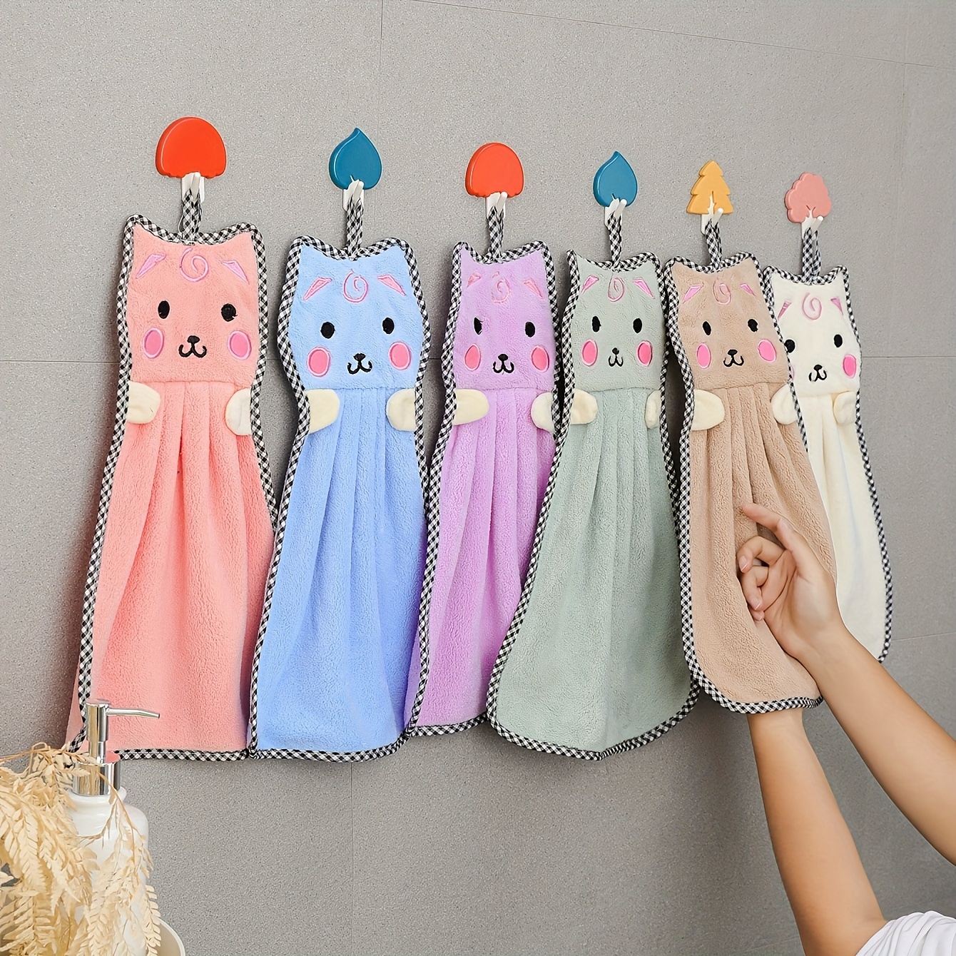 

Cute Cartoon Cat Face Hanging Hand Towels, Absorbent Plush Microfiber With Embroidery, Kitchen & Bathroom Towels With Hanging Loop