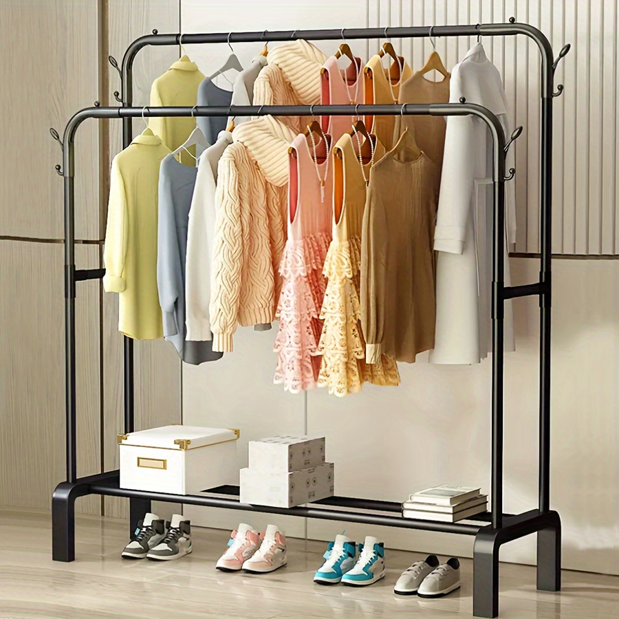 

Black Portable Clothes Rack With Hooks & Metal Storage Shelf - Freestanding Garment Hanger For Coats, Dresses, Shirts, Ironing,