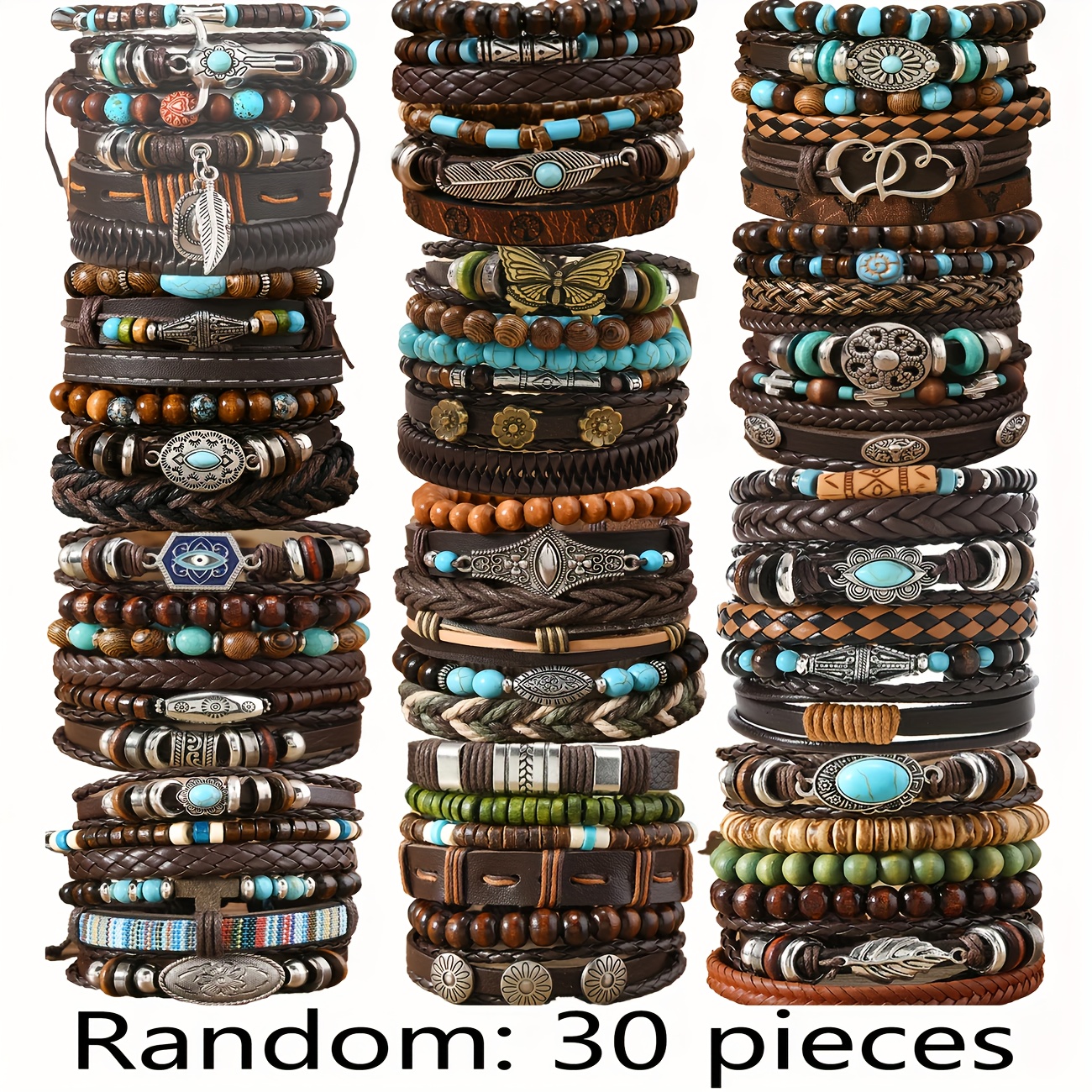 Image of 30pcs Vintage Faux Leather Random Bracelet Set, Elegant And Stylish, Perfect For Business Gifts, Daily Wear, Parties, And Formal Occasions, Formal Occasion Jewelry