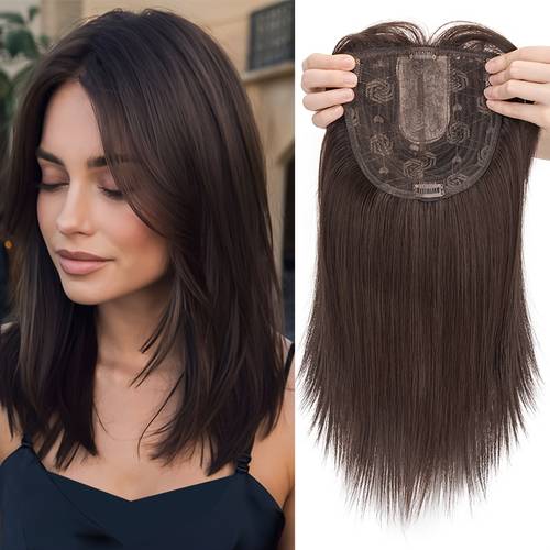 14inch 35cm straight clip on hair toppers with bangs suitable for thinning hair wiglets soft breathable synthetic hairpiece for volume instant for bald hair loss solutions