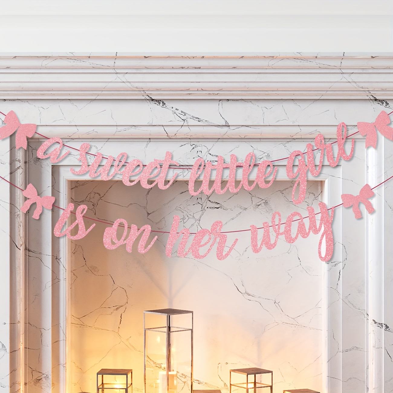 Image of Pink Bow Babyshower Decorations A Banner Coquette Babyshower Bunting Banner Sweet Babyshower Decorations Rose Golden Glitter Banner
