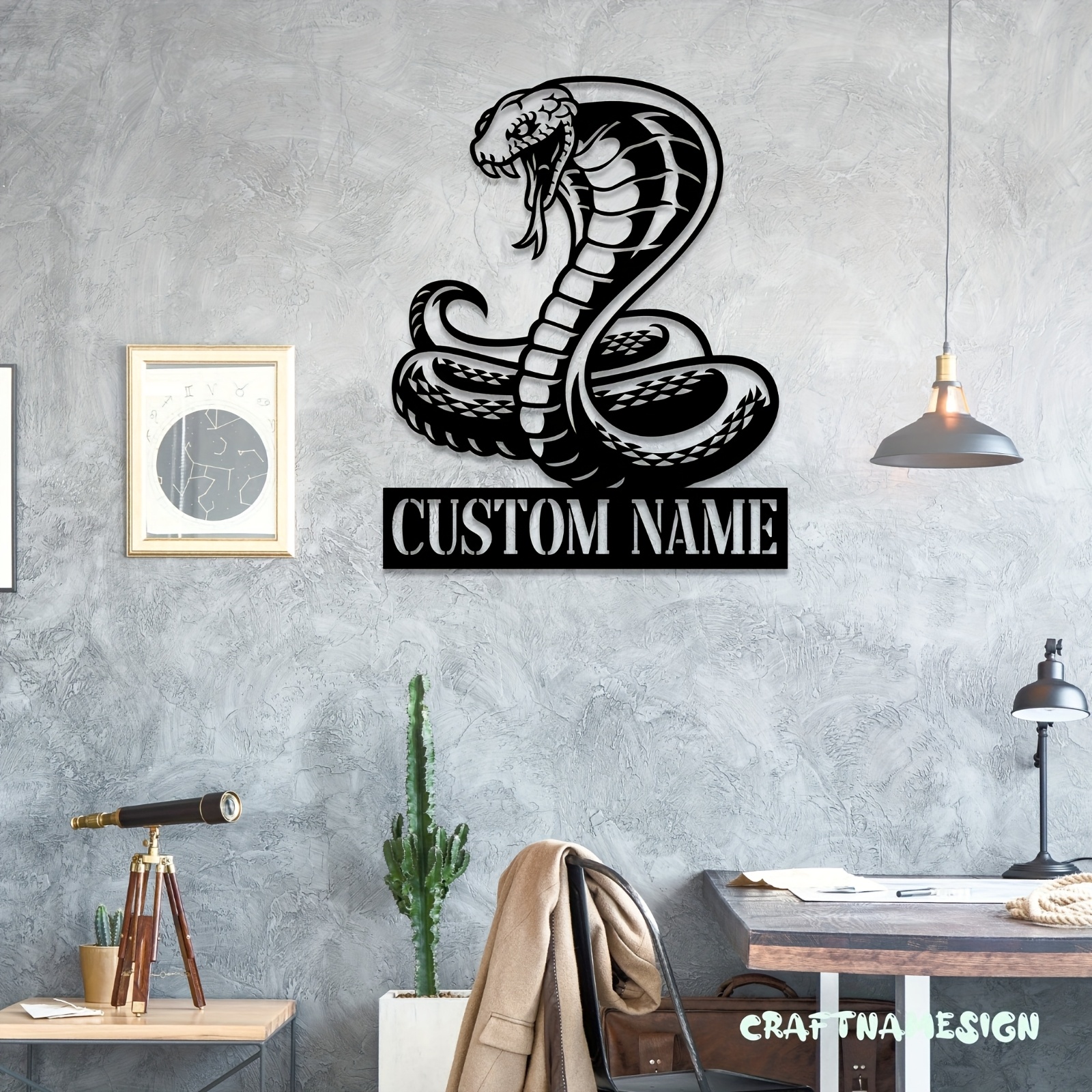Personalized King Cobra Metal Wall Art Sign – Custom Name Decorative Plaque for Home, Office, or Gift – Black and White Snake Design with Textured Lettering, Perfect for Door, Wall, or Address Display, Snake Decor