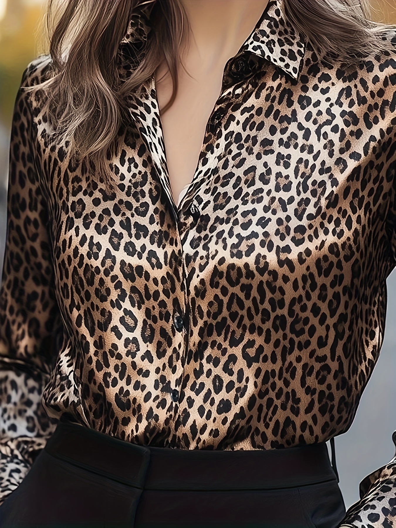 elegant leopard print satin blouse women's v neck long - Temu
