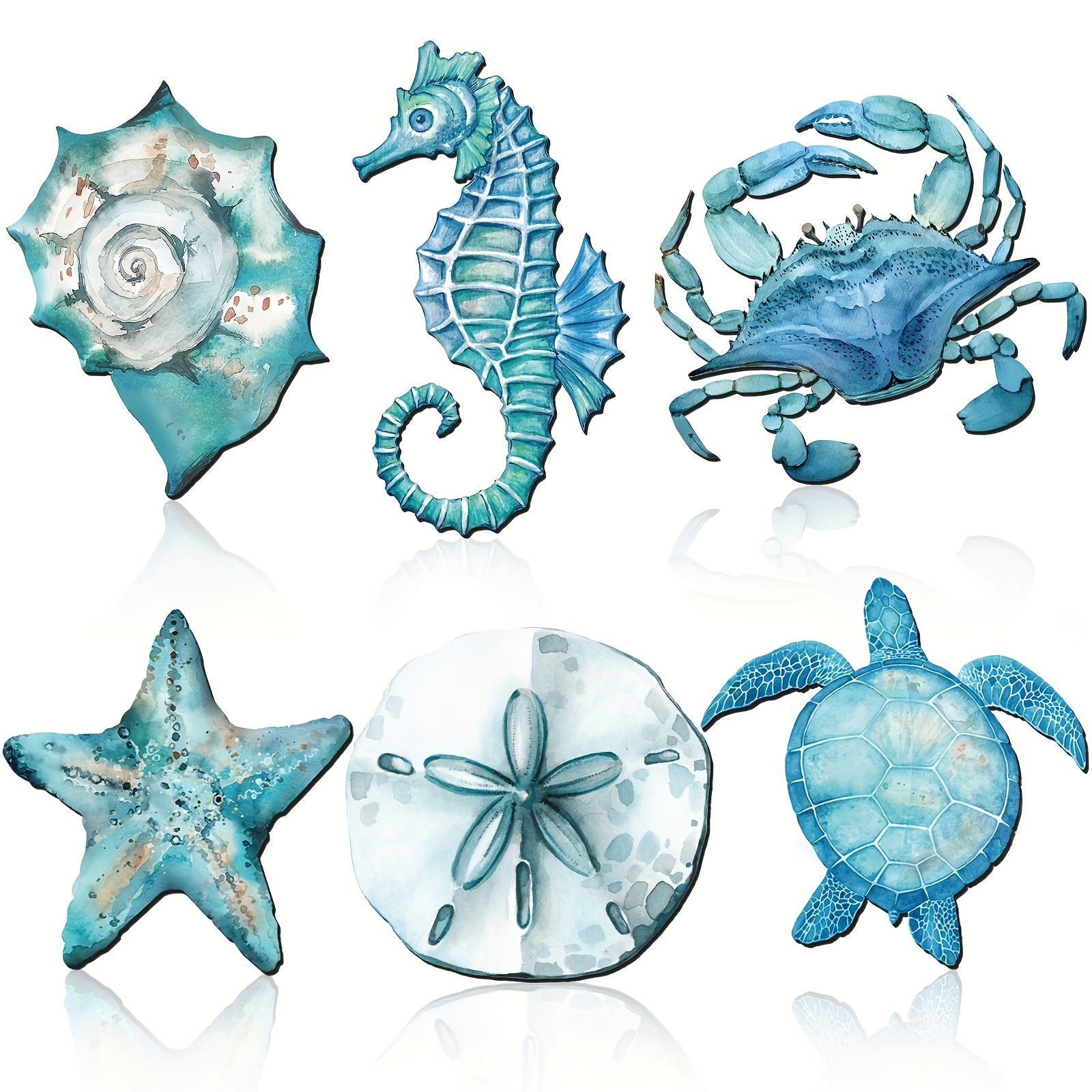 TEMU 6pcs Bohemian Nautical Wall Art Set - Seashells, Sea Turtle, Seahorse, Crab & Starfish Decor For Home, Bedroom, Bathroom, Living Room - Wooden Wall Art With Ocean Themes, Beach Decor