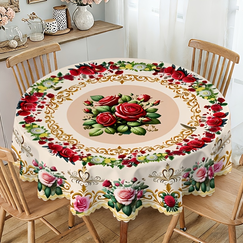 TEMU 1pc European-style Rose Floral Round Tablecloth, Featuring An Elegant Design, Perfectly Your Dining Table And Home Environment. Ideal For Table