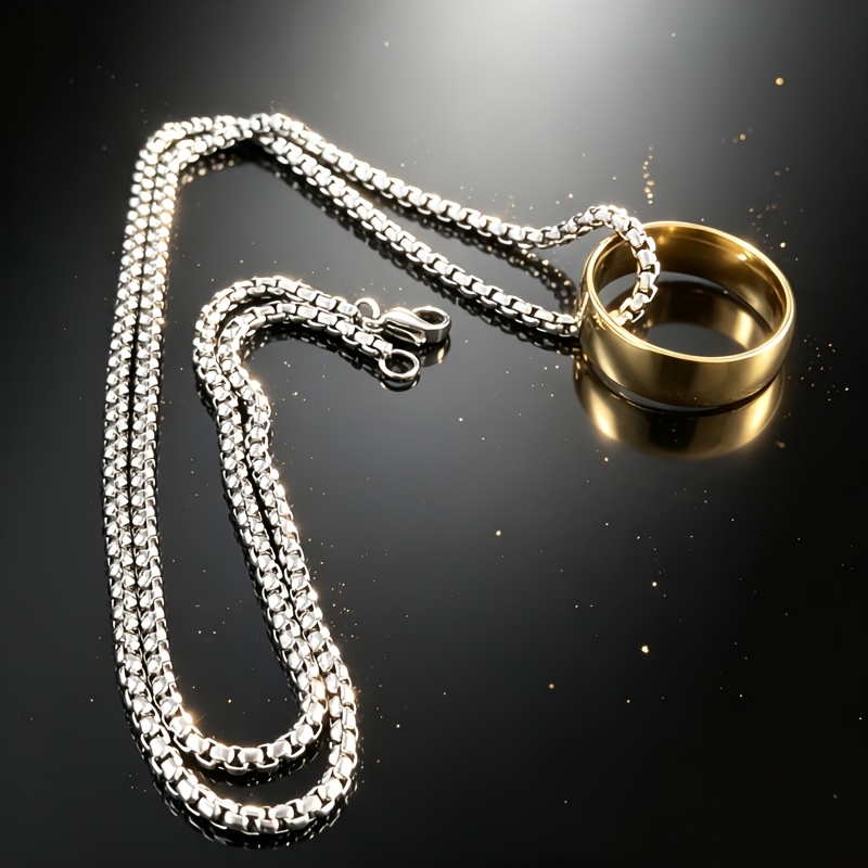 Men's Golden Ring and Silvery Chain Necklace Set