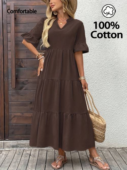 womens vacation solid color v neck dress comfortable pure dress womens casual wear with ruffle detail