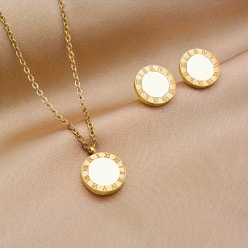 1 Stainless Steel Golden-plated Roman Set: 1 Necklace + 2 Earrings, Jewelry Set - Ideal Gift For Christmas